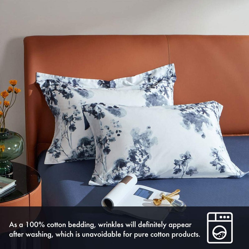 MILDLY 100% Long Staple Cotton Duvet Cover Set Navy Blue Leaves Printed Comforter Cover Set Watercolor Plant Floral - Image 5